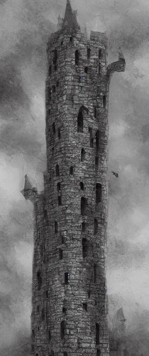 Prompt: gloomy illustration of a high medieval tower with dark stones, artstation