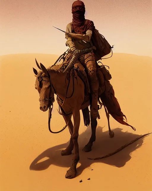 Image similar to male desert stalker, lonely rider, covered head | | realistic shaded, fine details, realistic shaded lighting poster by greg rutkowski, diego gisbert llorens, magali villeneuve, artgerm, jeremy lipkin and rob rey