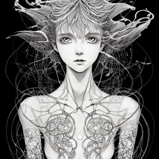 Image similar to prompt: Fragile looking vessel portrait soft light drawn by Vania Zouravliov, inspired by Akira 1988 anime, magical and alchemical weapons, soft light, white background, intricate detail, intricate ink painting detail, sharp high detail, manga and anime 2000