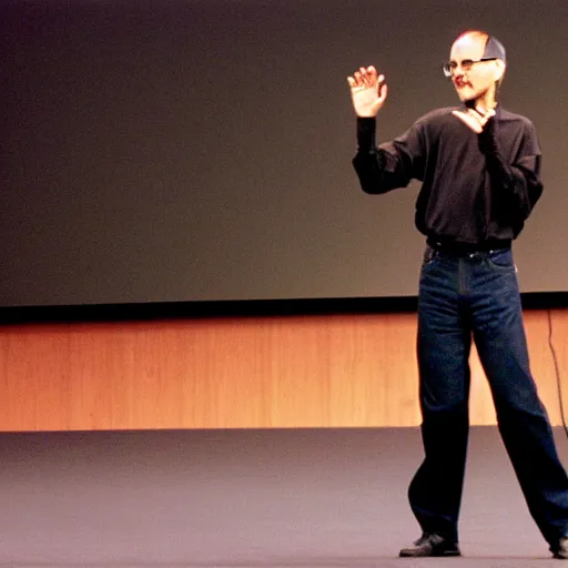 Image similar to steve jobs doing a cartwheel at a keynote