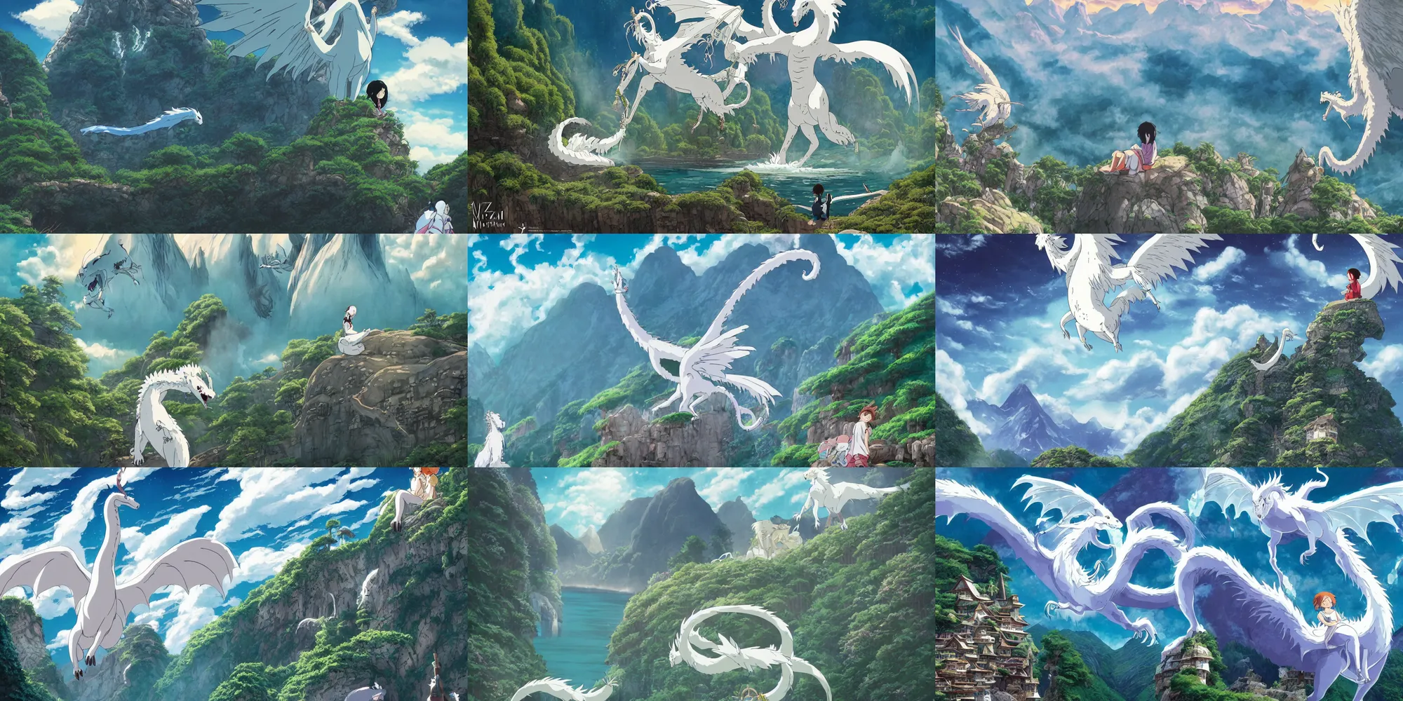 Prompt: the flim poster of a magical place around mountains and river, a white dragon spirit flying in the sky, miyazaki's animated film, ghibli studio, spirited away, princess mononoke, 4 k, highly detailed, horizon view,