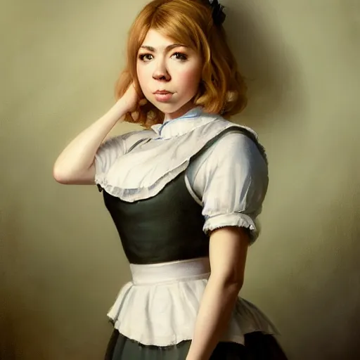 Image similar to detailed painting of jennette mccurdy wearing a maid outfit, 8 k, by greg rutkowski, artgerm, global illumination