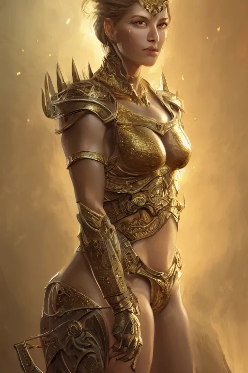 Image similar to three-quarters portrait pose of a beautiful woman, strong body, shining gold armor, human warrior, fantasy, intricate, elegant, highly detailed, digital painting, artstation, concept art, matte, sharp focus,D&D, illustration, art by Stanley Lau