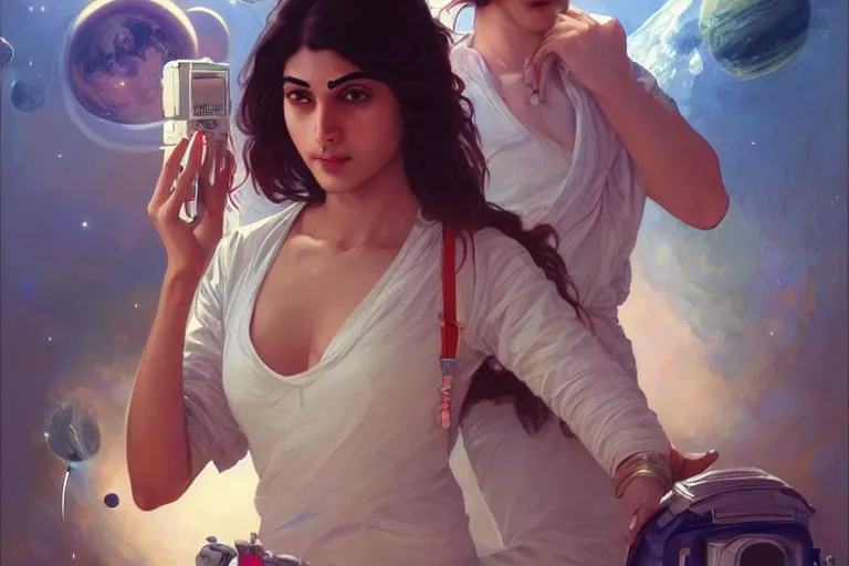 Image similar to Sensual good looking pale young Indian doctors wearing jeans partying in a space station above Earth performing surgery, portrait, elegant, intricate, digital painting, artstation, concept art, smooth, sharp focus, illustration, art by artgerm and greg rutkowski and alphonse mucha