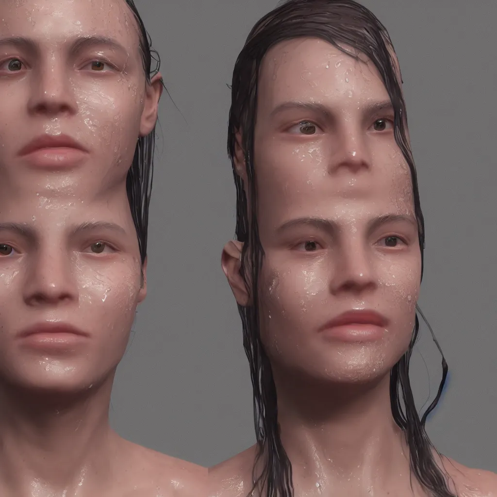 Image similar to glistering wet sweaty skin face unreal engine 4k 8k resolution