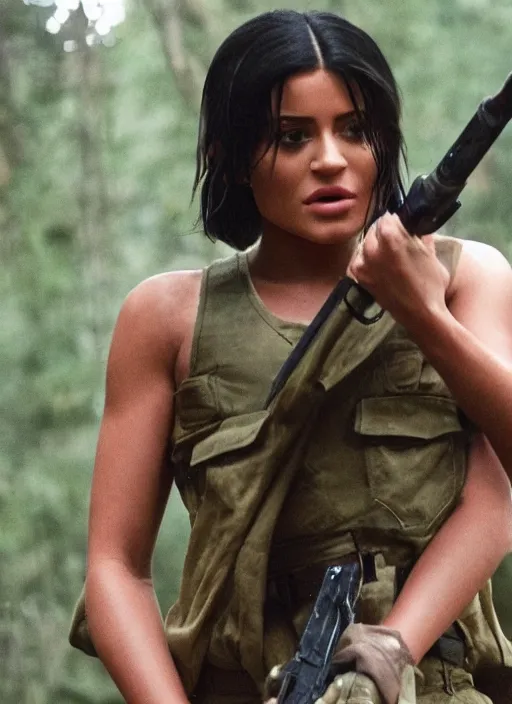 Image similar to film still of kylie Jenner as John Rambo in Rambo.