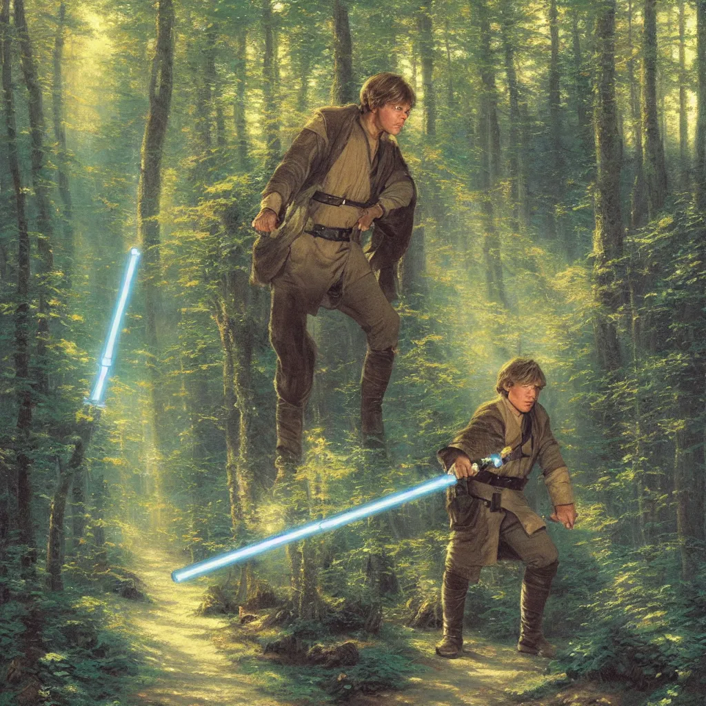 Prompt: thomas kinkade painting of luke skywalker in the woods with blue lightsaber