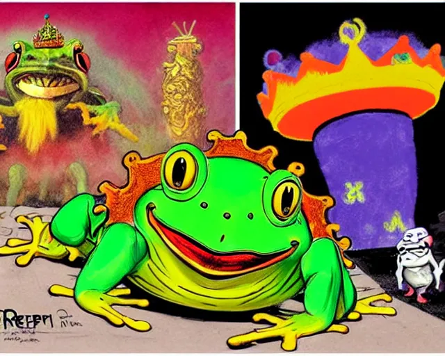 Image similar to The Clown Frog King wins the jackpot, king pepe with rainbow wig, painting by Frank Frazetta, sketch by Robert Crumb and painting by Ralph McQuarrie