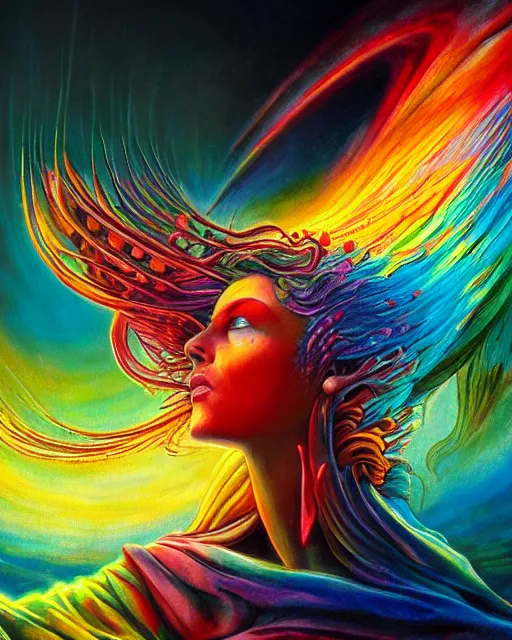 Image similar to rainbow fire, by antonio j. manzanedo, alex grey, android jones, wayne barlowe, philippe druillet, raymond swanland, cyril rolando, josephine wall, harumi hironaka, cronenburg, trending on artstation