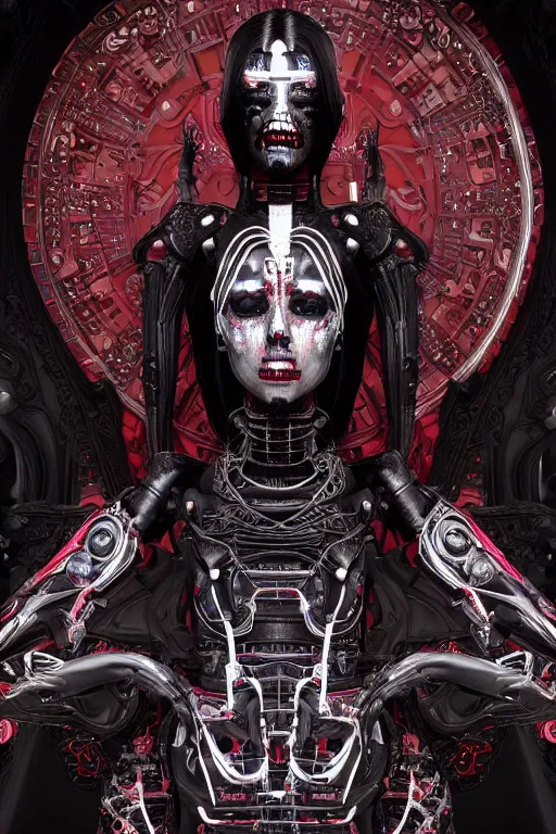 Image similar to full-body cyberpunk style sculpture of a young beautiful dark priestess, half android with a head opening exposing circuitry, glowing red eyes, black roses, flowing blood-red colored silk fabric, candles. baroque elements, human skull. full-length view. baroque element. intricate artwork by caravaggio. crows flying in background. Trending on artstation, octane render, cinematic lighting from the right, hyper realism, octane render, 8k, depth of field, 3D