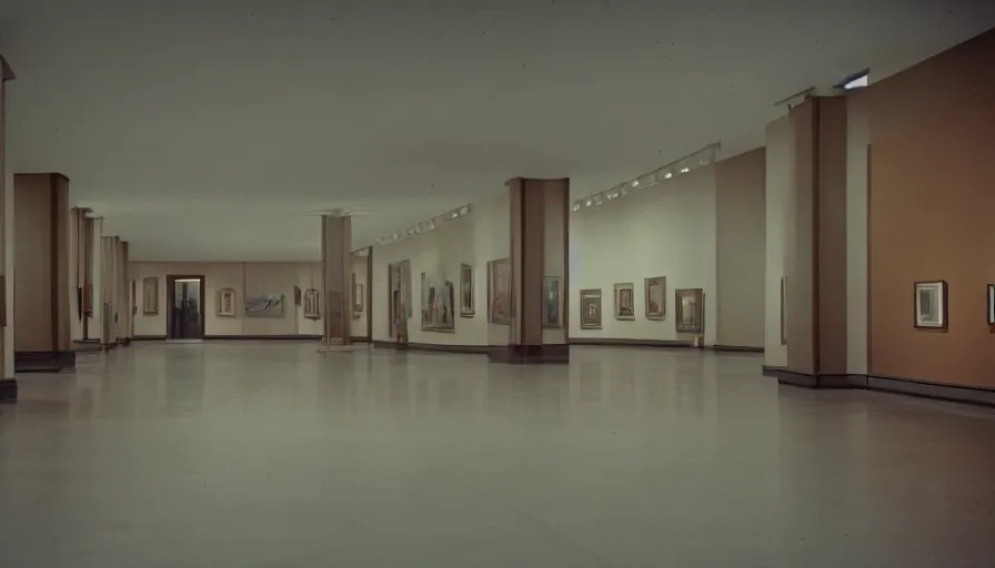 Prompt: 60s movie still of a sovietic stalinist style empty art museum, cinestill 800t 50mm eastmancolor, liminal Space style, heavy grain-s 150