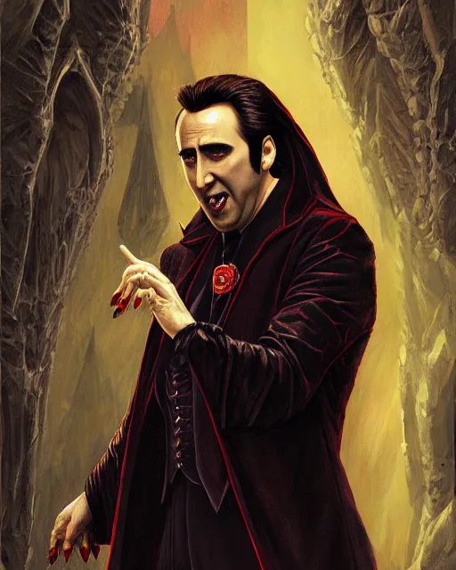 Image similar to nicolas cage as dracula, dogtooth, highly detailed, centered, artstation, concept art, smooth, sharp focus, illustration, bokeh art by artgerm and donato giancola and joseph christian leyendecker