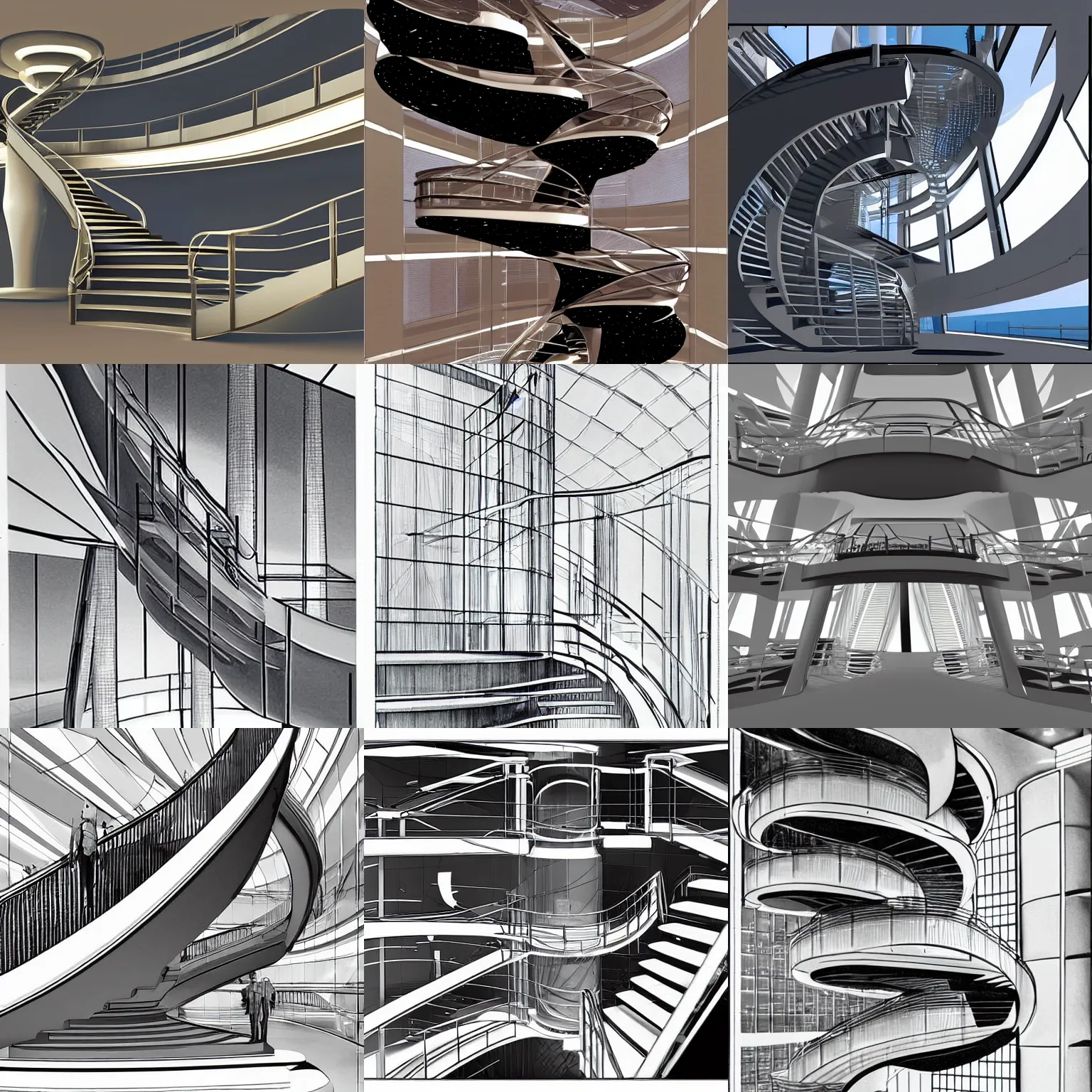 Prompt: staircase of a futuristic cruise ship build after the example of the grand staircase of the titanic, futuristic design study, interior architecture study draft, very detailed