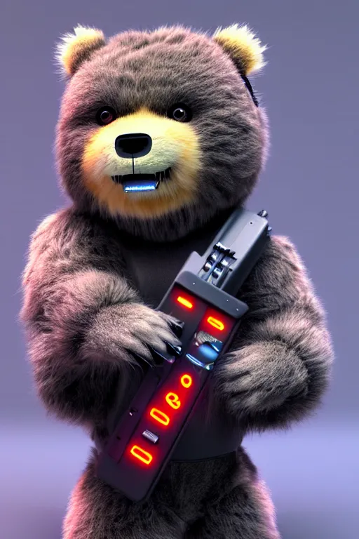 Image similar to high quality 3 d render very cute fluffy cyborg bear! plays electric guitar, cyberpunk highly detailed, unreal engine cinematic smooth, in the style of blade runner & detective pikachu, hannah yata charlie immer, moody light, low angle, uhd 8 k, sharp focus