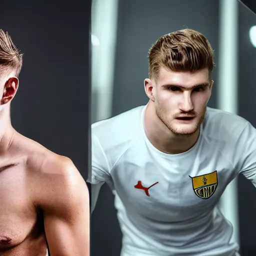Prompt: a realistic detailed photo of a guy who is an attractive humanoid who is half robot and half humanoid, who is a male android, soccer players timo werner, shiny skin, posing like a statue, blank stare, in a factory, on display, showing off his muscles, gold soccer shorts, side view, looking at each other mindlessly