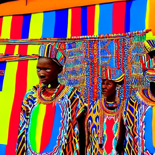 Prompt: hdr flambient luxury photography art of the ndebele tribe in africa, brightly - colored 1 9 9 0 s mural on the side of a traditional ndebele hut depicts cute fluffy animals and psychedelic plants. the colors should be bold and vibrant.