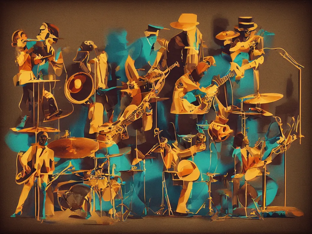 Prompt: funk band, retro - vintage, neo soul, mixed media with claymorphism, 6 4 mm film, spatialism, matte color palette, designed by artstationhq, retro, 3 d shading, tilt shift, low fi,