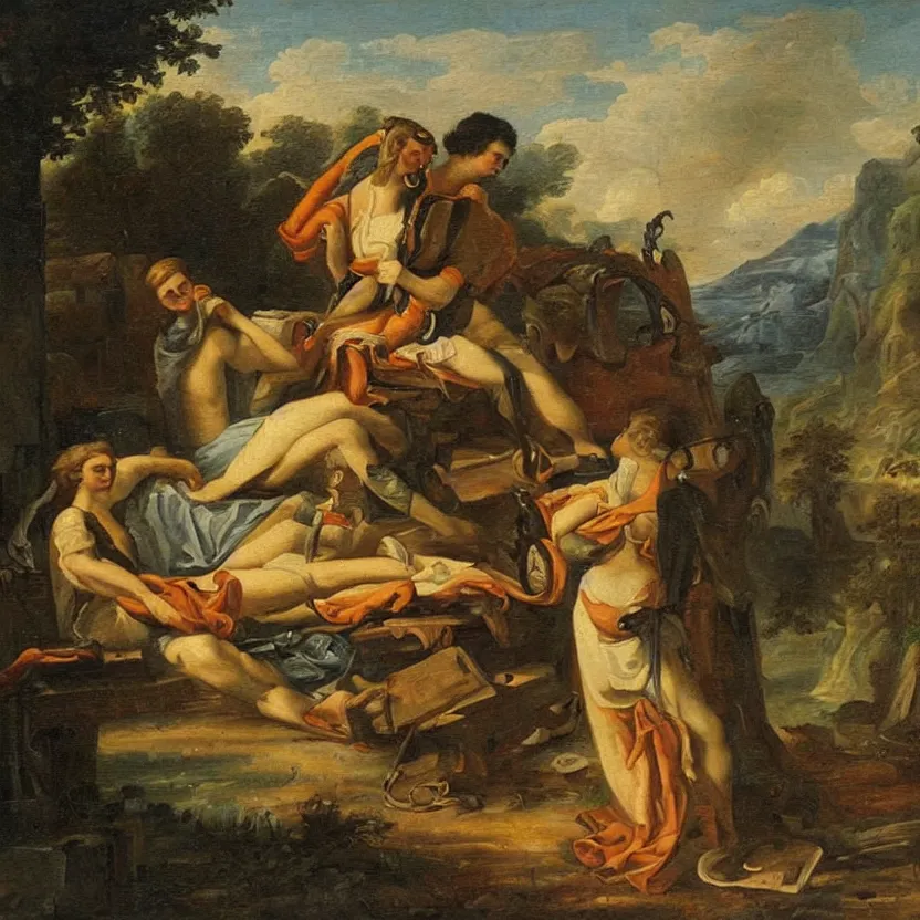 Prompt: romantic era painting of a machine killing the concept of art