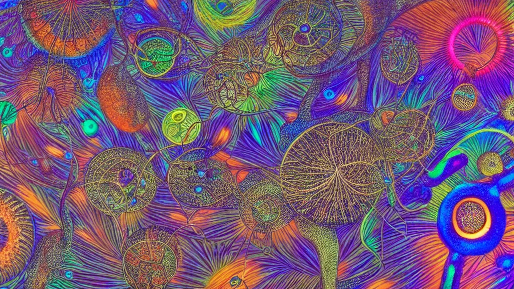 Image similar to quantum connections represented as symbiotic organisms like cells playing around with colorful lights by ernst haeckel, squishy