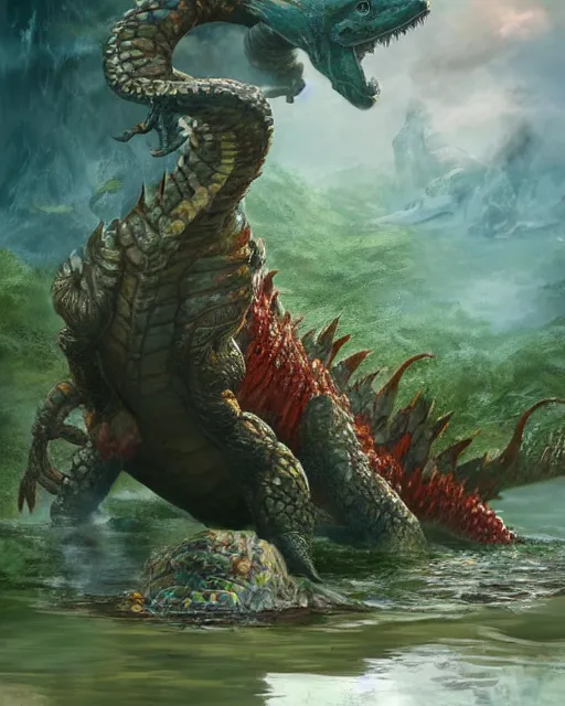 Image similar to Godzilla-like game character giant kaiju sized pond dragon half salamander, wet amphibious skin, red salamander, axolotl creature, koi pond, korean village by Ruan Jia and Gil Elvgren, fullbody