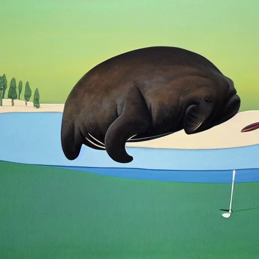 Image similar to a painting of a walrus lying on a golf course,