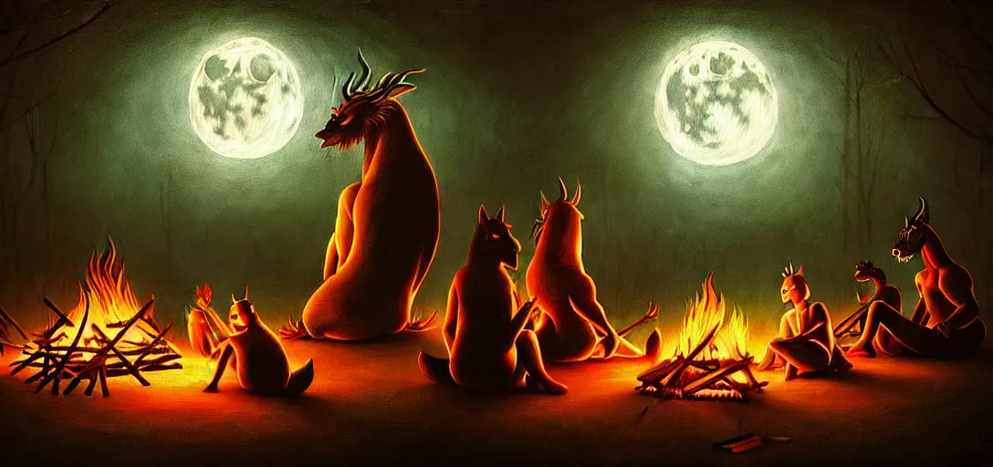 Image similar to strange mythical beasts of sitting around a fire under a full moon, surreal dark uncanny painting by ronny khalil