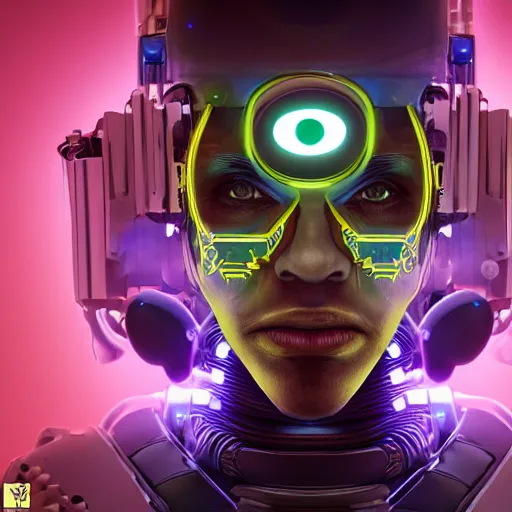 Image similar to centered symmetrical portrait of a persian cyberpunk cyborg surgeon with glowing cybernetics, hyperdetailed, digital painting, trending on Artstation, cel-shading style, CG society, hyperdetailed, digital painting, hypermaximalist, golden ratio, volumetric, octane render, weta digital, micro details, 3d sculpture