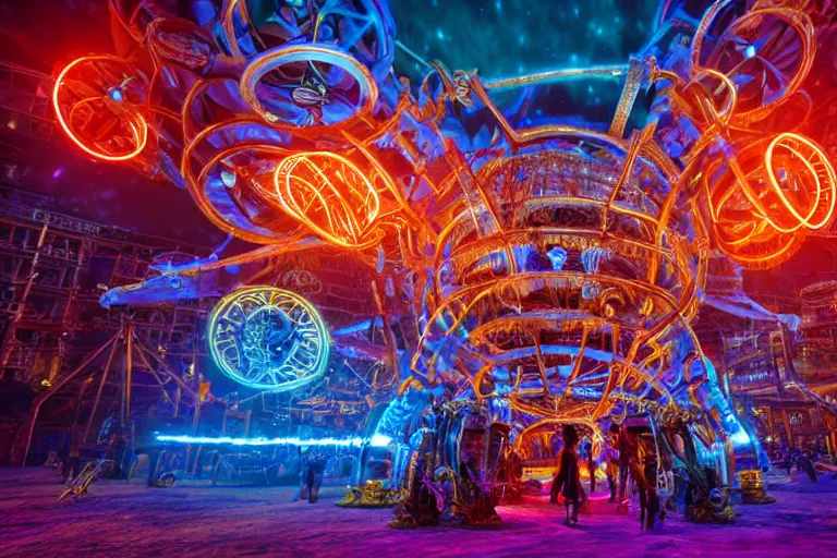 Image similar to scene is burning man festival, portrait photo of a giant huge golden and blue metal steampunk robot, with gears and tubes, eyes are glowing red lightbulbs, audience selfie, shiny crisp finish, 3 d render, 8 k, insaneley detailed, fluorescent colors, haluzinogetic, background is multicolored lasershow