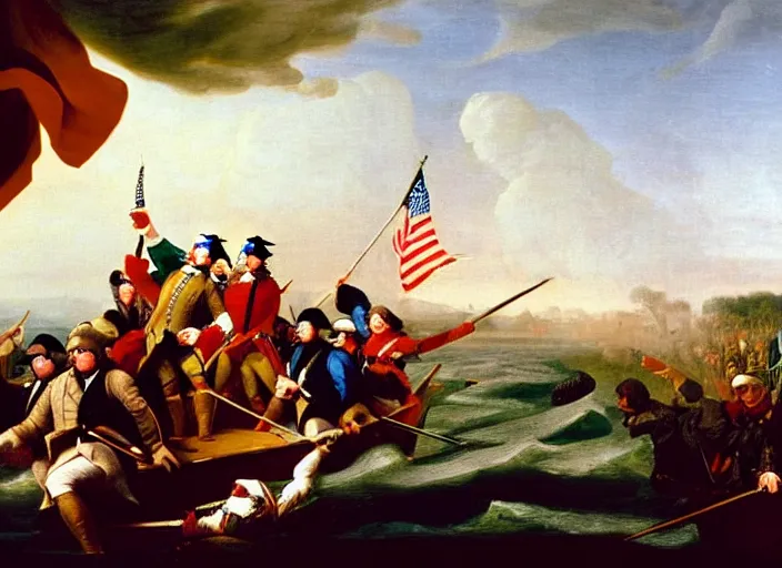 Image similar to oil painting of Washington Crossing the Delaware but Washington is taking a selfie