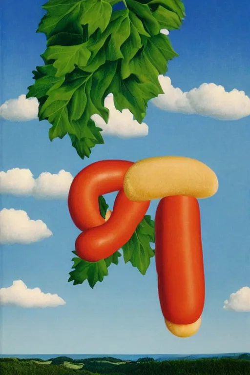 Image similar to Rene Magritte's Son Of Man painting of a bright hotdog vine growing in the clouds, the hotdog has a stem and leaves and is growing more unripe pink hotdogs on the hotdog vine, a baguette and a lobster can be seen in the sky behind