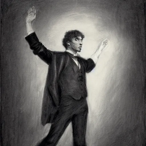 Image similar to action hero mage in suit and tie raising his arm and channeling light magic, by alfred stevens in charcoal