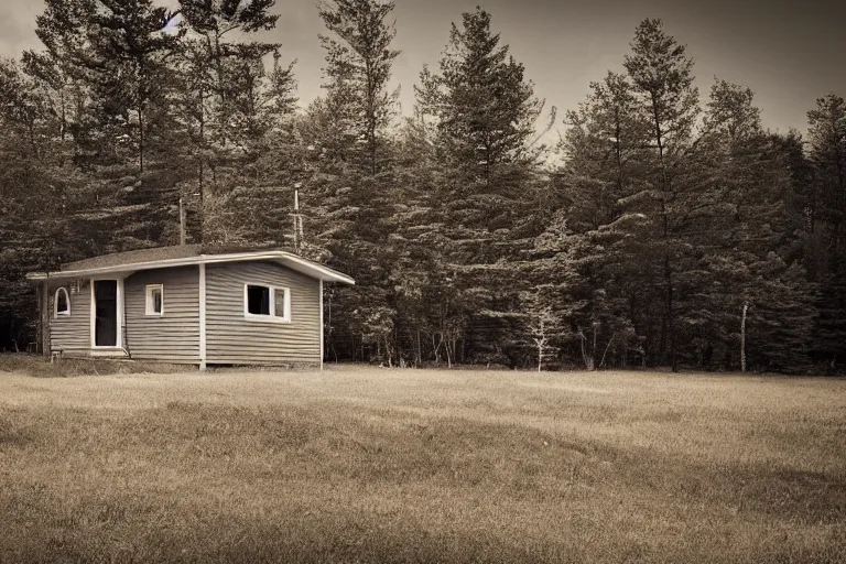 Prompt: a solitary 1 9 6 0 s bungalow style cottage near raven lake, on the outskirts of halifax, ns. hd photography, realistic, inspired by gregory crewdson.