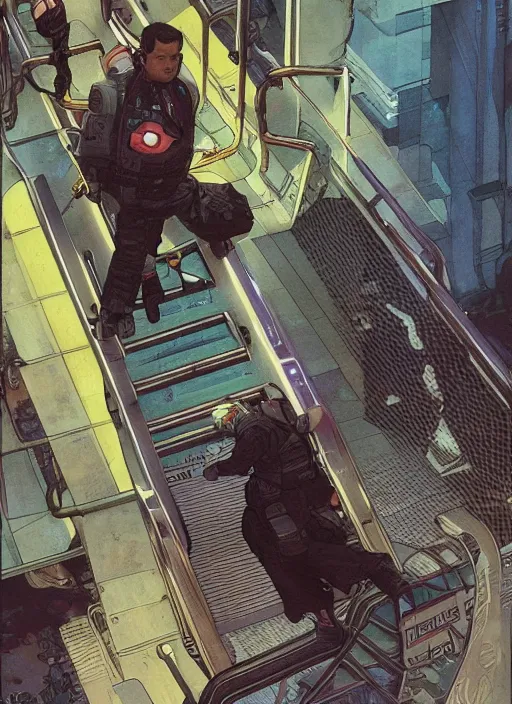 Image similar to cyberpunk paul blart falling down escalator. portrait by ashley wood and alphonse mucha and laurie greasley and josan gonzalez and james gurney. spliner cell, apex legends, rb 6 s, hl 2, d & d, cyberpunk 2 0 7 7. realistic face. vivid color. dystopian setting.
