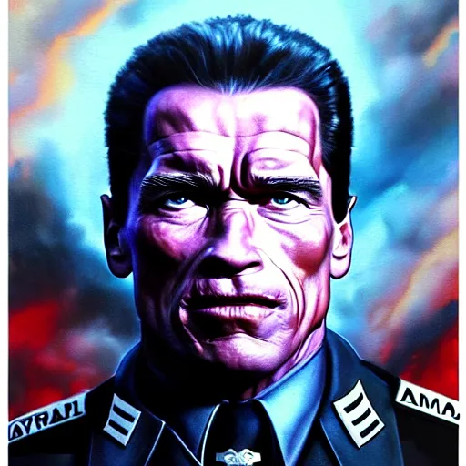 Image similar to uhd photorealistic arnold schwarzenegger in nazi uniform, by amano, ayami kojima, greg rutkowski, lisa frank, mark brooks, and karol bak, masterpiece, cinematic composition, dramatic pose, studio lighting, correct face, hyperdetailed, intricate details