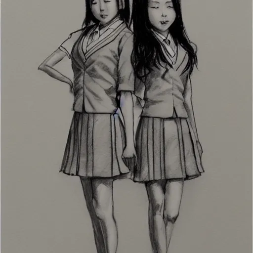 Image similar to a perfect, realistic professional digital sketch for a movie, two Japanese schoolgirls posing, in style of Marvel, full length, by pen and watercolor, by a professional American senior artist on ArtStation, a high-quality hollywood-style sketch, on high-quality paper