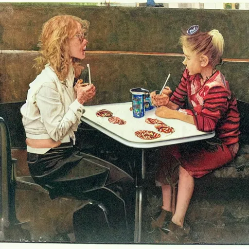 Prompt: Nicole Kidman and Judi Bowker sitting at a table eating soup::artist is Norman Rockwell