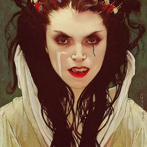 Prompt: portrait of a menacing beautiful vampire, face only, closed lips, closed mouth, eyes half closed, crying lots and lots of tears, by Stanley Artgerm Lau , greg rutkowski, thomas kindkade, alphonse mucha, loish, norman rockwell, J. C. Leyendecker. hair waving in the wind, pale skin, sinister complexion, thorn crown, imagine bordered by thorns. D&D, fantasy. Trending on artstation rule of thirds extremely detailed illustration hd 4k