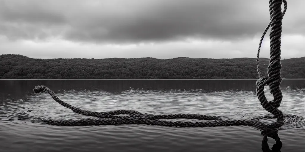 Prompt: symmetrical photograph of an infinitely long rope submerged on the surface of the water, with an uhnicorn, the rope is snaking from the foreground towards the center of the lake, a dark lake on a cloudy day