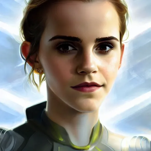 Image similar to portrait of Emma Watson as a Borg Drone, looking at camera, D&D, intricate, elegant, stylish, cute smile, mouth slightly open, fantasy, extremely detailed, digital painting, artstation, concept art, smooth, sharp focus, illustration, stunning lighting, art by artgerm and greg rutkowski and alphonse mucha and simon stalenhag, realistic character concept, high fantasy, light atmosphere, golden ratio, cinematic lighting, hyperdetailed, high resolution, insanely detailed and intricate, artstation, Marc Simonetti, Greg Rutkowski