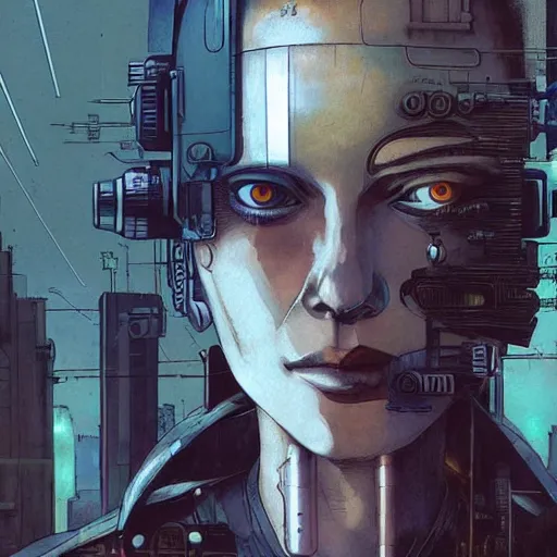 Prompt: Digital portrait of a cyborg from Ghost in the shell by Enki bilal and Salvador Dali, cyberpunk, impressive perspective, aesthetic, masterpiece