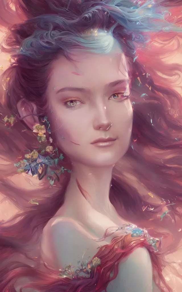 Image similar to a colorful and provenance illustrations painting of the fantasy female who with floral wing, highly detailed, her hair made of hair made of air wind and curling smoke, mist, dust, genie, spirit fantasy concept art, art by charlie bowater and greg rutkowski, trending on artstation.