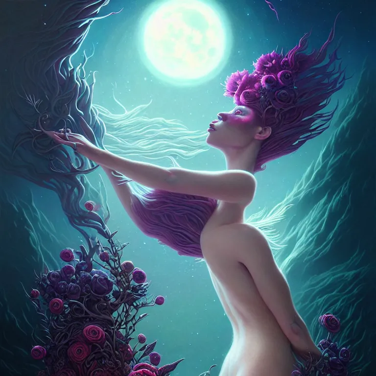 Image similar to skewed in the void of psychedelic, by by peter rohrabacher annatto finnstark. stunning luna goddess of flowers and edible plants, by charlie bowater tom bagshaw, detailed, space art. sparkling atom fractules of skulls and robots deep under the spine, fantasy, surrealist pop painting, and beeple and cgsociety