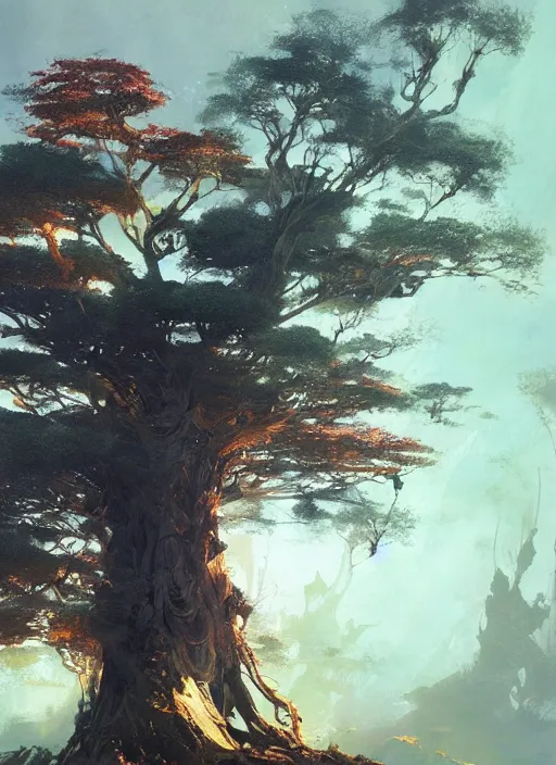 Prompt: giant tree, intricate, elegant, highly detailed, vivid colors, john park, frazetta, sparth, ruan jia, jeffrey catherine jones