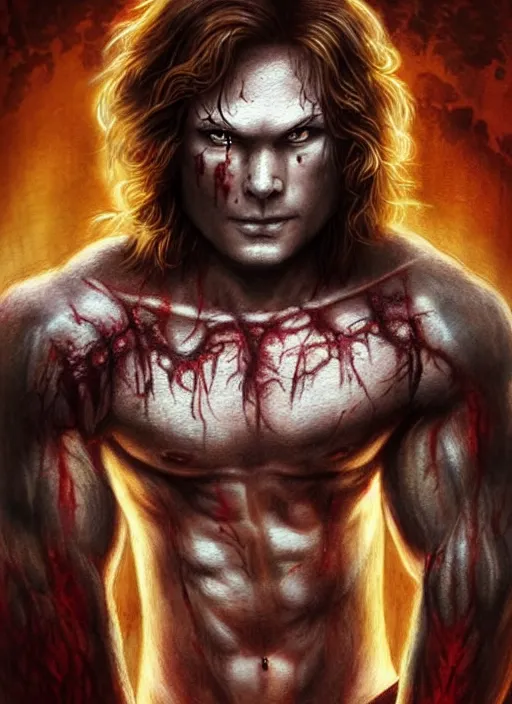 Image similar to Sam Winchester as a muscular half-blood werewolf with religious tattoos on chest and neck, stained and bleeding, magic overlays, magic flames, open portal with runes in the background, romance book cover style, D&D illustration style, (octane render) fantasy style, sharp focus, ultra detailed, art by Artgerm and Peter Andrew Jones, Ayami Kojima, Amano and Olivier Ledroit