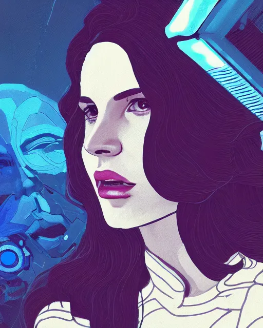 Image similar to portrait of Lana Del Rey as a cyborg. intricate abstract. intricate artwork. by Tooth Wu, wlop, beeple, dan mumford. cyberpunk stepford wife, mulholland drive by david lynch, dune by david lynch, blade runner 2049 by dennis villeneuve, sacred geometry, octane render, trending on artstation, greg rutkowski very coherent symmetrical artwork. cinematic, hyper realism, high detail, octane render, 8k, iridescent accents