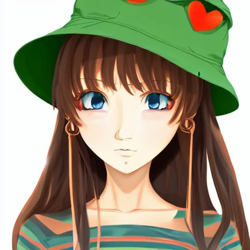 Image similar to portrait of cute anime girl with long brown hair with a frog bucket hat, digital art