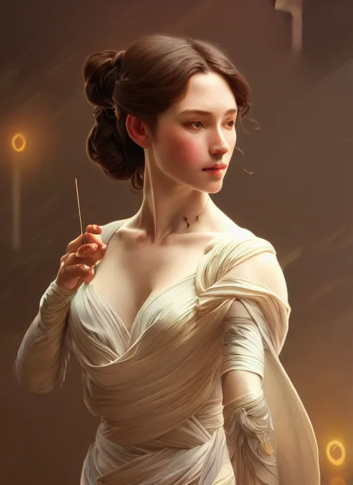 Prompt: portrait of a member of a classical orchestra, intricate, elegant, highly detailed, ray tracing, digital painting, artstation, concept art, smooth, sharp focus, illustration, art by artgerm and greg rutkowski and alphonse mucha, 8 k