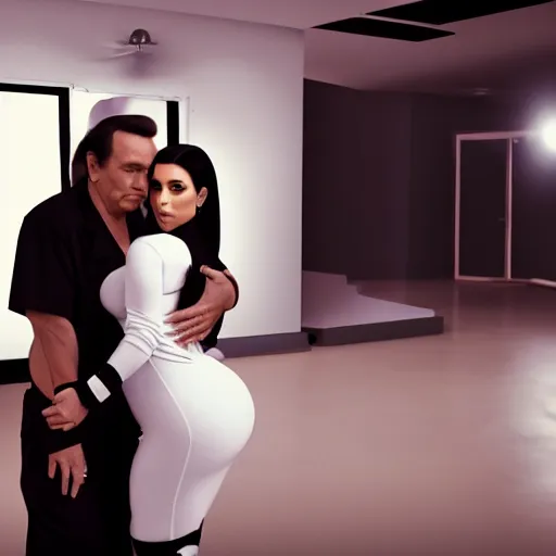 Image similar to johnny cash hugging kim kardashian, kim wearing a skintight nurse outfit, real photo, photoshooting, studio light, hospital background, intricate, epic lighting, cinematic composition, hyper realistic, 8k resolution, unreal engine 5