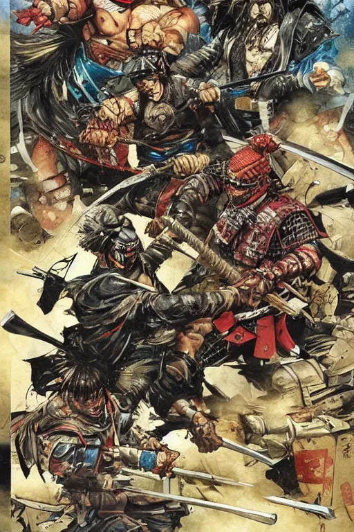 Prompt: samurai battle by kev walker, simon bisley and paolo parente