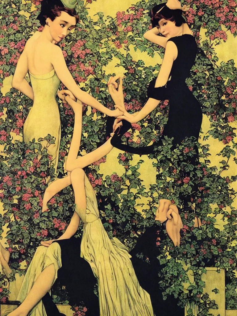 Image similar to Audrey Hepburn in Breakfast at Tiffany's by Maxfield Parrish, Art Nouveau